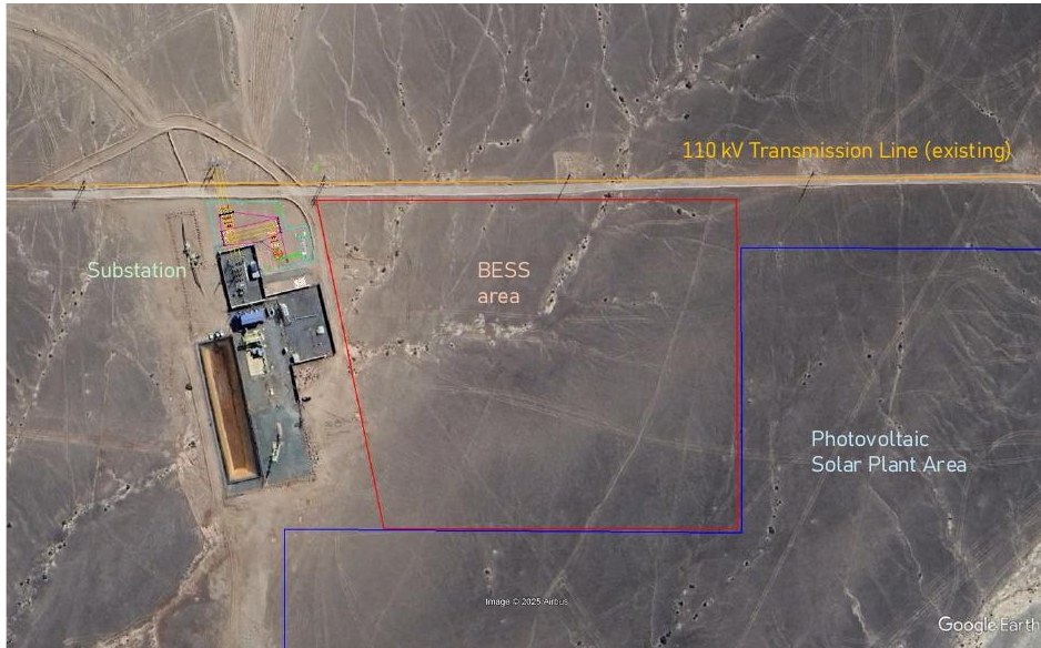 Aerial view of the Ibitú BESS and PV areas beside the existing substation, Atacama Region, Chile.