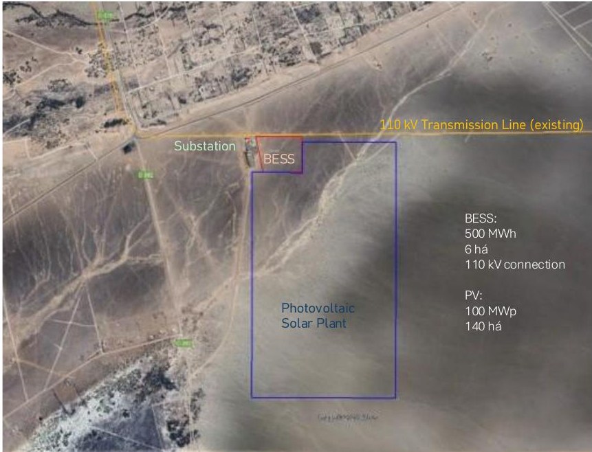 Ibitú site layout: BESS and PV plant areas next to an existing substation and 110 kV transmission line.